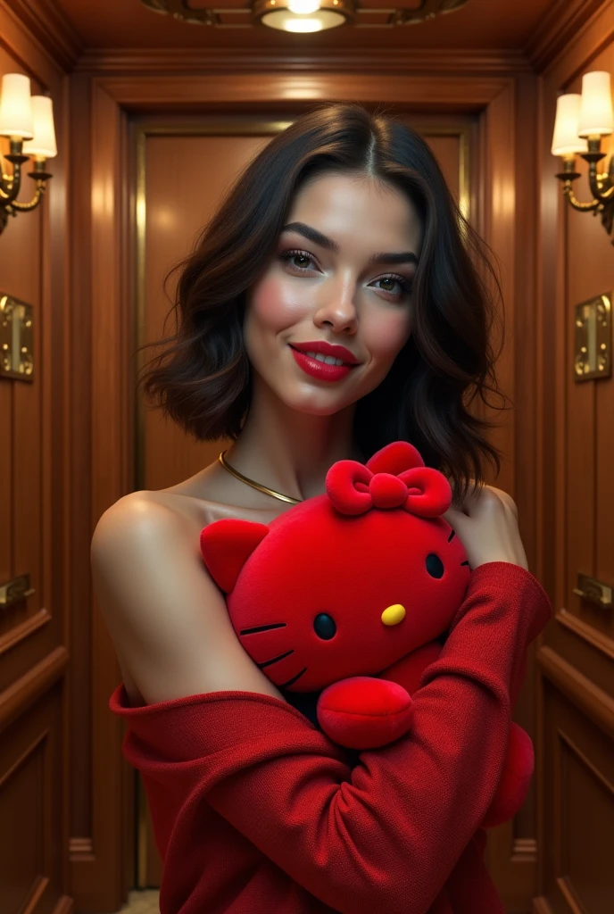 Bella Hadid with medium hair holding a red hello kitty on her chest cute in a big rustic woody and beautiful elevator