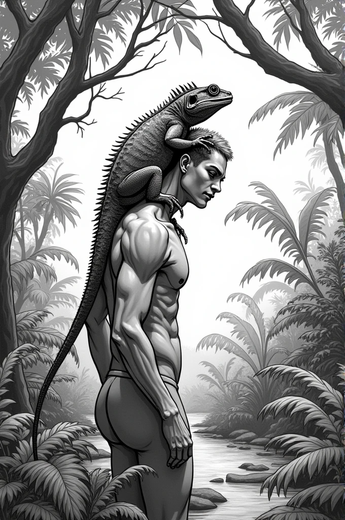 Lizard climbing on back black and white illustration with leaves and nature