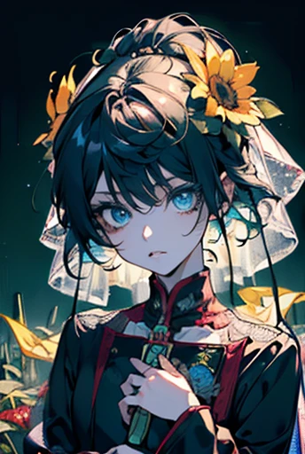((8K resolution))、((highest quality))、((masterpiece))、((Super detailed))((((dramatic))), (((Rough feeling))), (((intense)))、whole body、a handsome guy、woman、sunflower field、twilight、Wedding dress、tattoo、short hair、two block、white、yellow、green、green、flower々、flower火、Clear shadows、lively, front,rich colorful,have confidence,coil,scene,boldness,to attract attention,smart、tendency、i concentrate