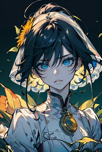 ((8K resolution))、((highest quality))、((masterpiece))、((Super detailed))((((dramatic))), (((Rough feeling))), (((intense)))、whole body、a handsome guy、woman、sunflower field、twilight、Wedding dress、tattoo、short hair、two block、white、yellow、green、green、flower々、flower火、Clear shadows、lively, front,rich colorful,have confidence,coil,scene,boldness,to attract attention,smart、tendency、i concentrate