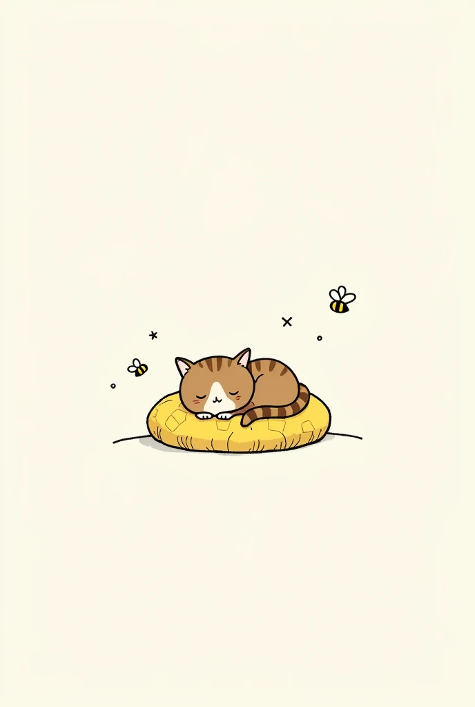 Minimalistic art of an adorable brown cat sleeping on its honey bee bed, only ink and small 