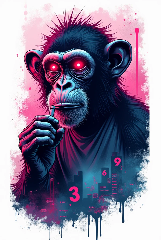A futuristic ey figure, with lights in the eyes, Surrounded by numbers vector t-shirt design"3 6 9",a cigarette in your hand Ready to vibrate, Cyberpunk monkllustration, perfil, sticker, Clean white background, Professional vector, high détail, t shirt design, graffit, Vibrant and futuristic cityscape.A futuristic monkey fe, with lights in the eyes, surrounded by vector t-shirt design ready for vibraprint, Cyberpunk monkey illusion, perfil, sticker, Clean white background, Professional vector, high détail, t shirt design, graffit, Vibrant and futuristic cityscape, 8k, ultra HD, high qualiy, intrincately detailed, highy detailed