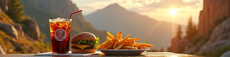 image with the theme of Mount Olympus and a table with burger and fries snacks and soda with a straw and a logo on the glass with the title (Athena&#39;s burgher)  in bold in Greek mythology theme with Olympian gods in the background    