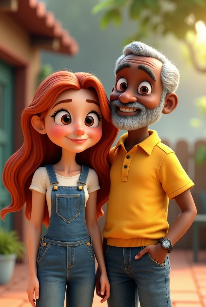 3D Cartoon Woman Character, disney pixar style, eyes browns, long red hair long, freckles on nose and cheeks, wearing long denim overalls and a white t-shirt. Next to Elderly Black Man, hair grey, sem beard, wearing jeans and a yellow polo shirt