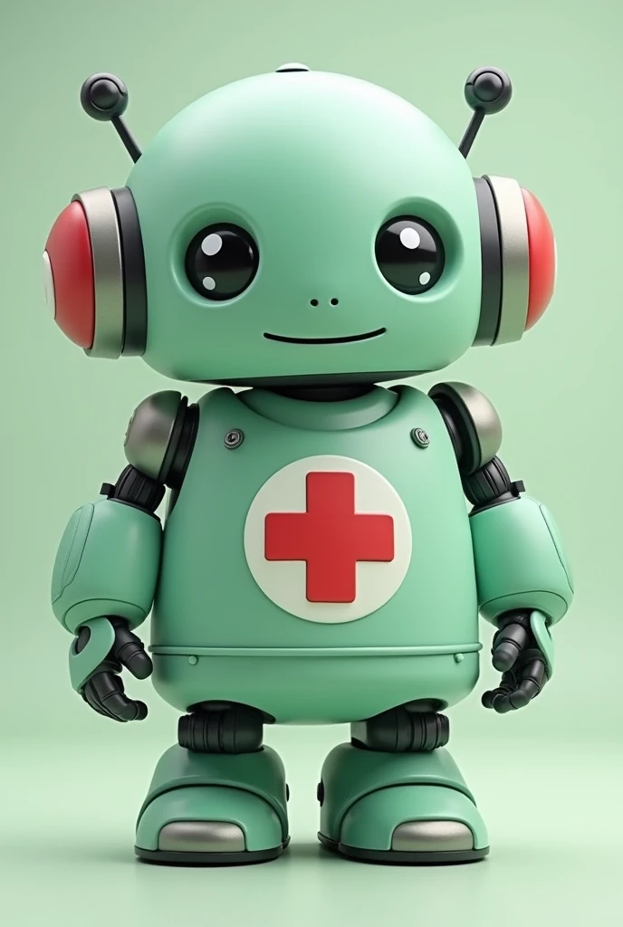 Chubby little friendly robot with a medical cross on his chest wearing a light green shirt fat