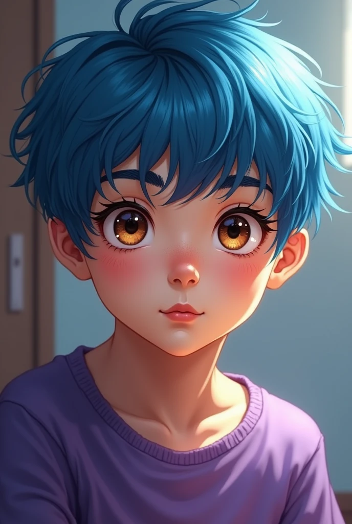 14 year old boy with blue hair and brown eyes wearing purple shirt