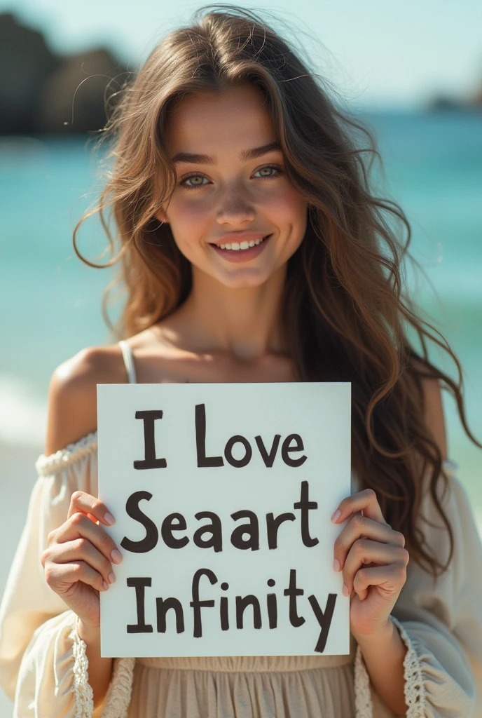 Beautiful girl with wavy long hair, bohemian dress, holding a white board with text "I Love Seaart Infinity" and showing it to the viewer