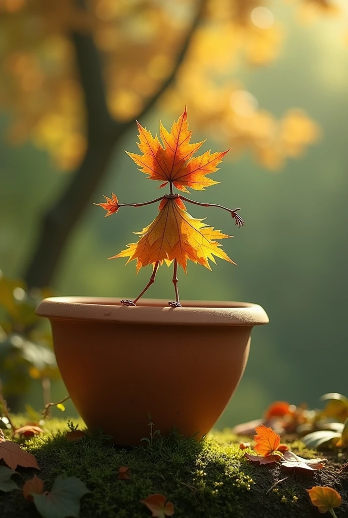 A whimsical miniature figure composed
of delicately arranged autumn leaves,
poised in a carefree dance on the rim of
a weathered, moss-covered terracotta
pot, set against a lush, vibrant forest
backdrop, where dappled sunlight filters
through the canopy above, casting
intricate shadows, The overall aesthetics
is ethereal, with warm. earthy number, and olive green, infused