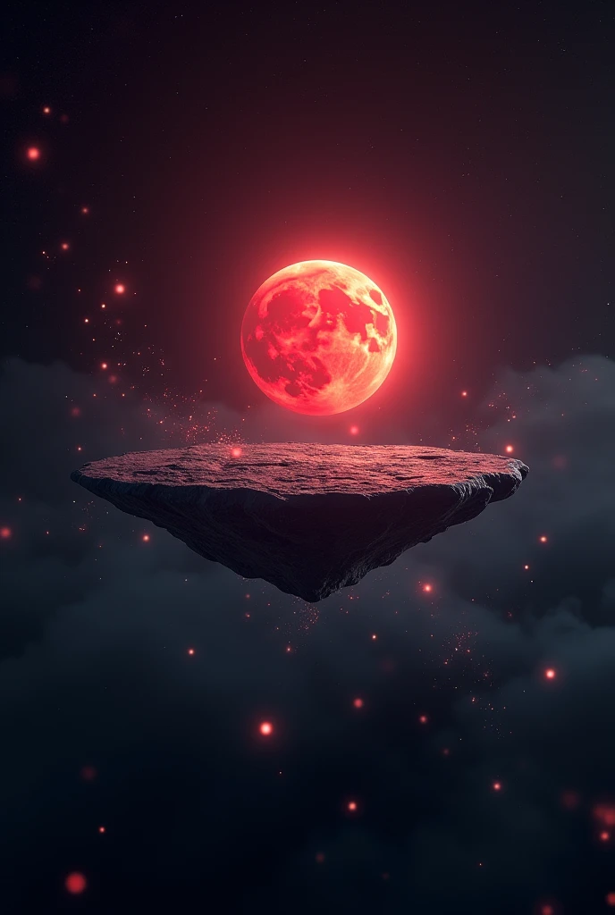 Flat world floating in space with visible light particles floating in the air around it and a red moon in the background.