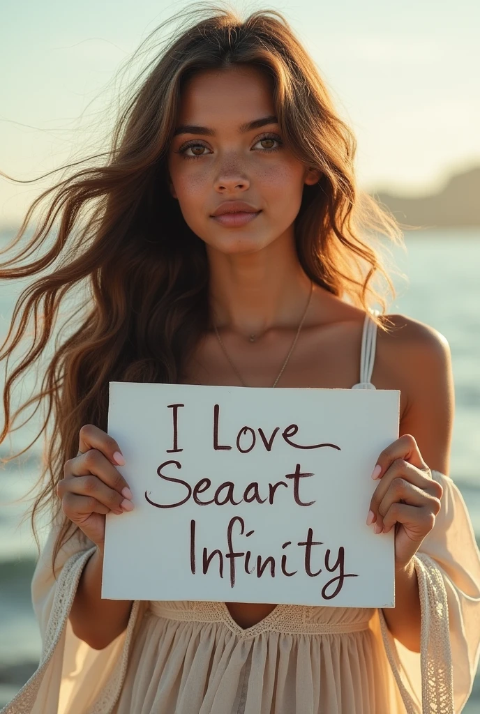 Beautiful girl with wavy long hair, bohemian dress, holding a white board with text "I Love Seaart Infinity" and showing it to the viewer