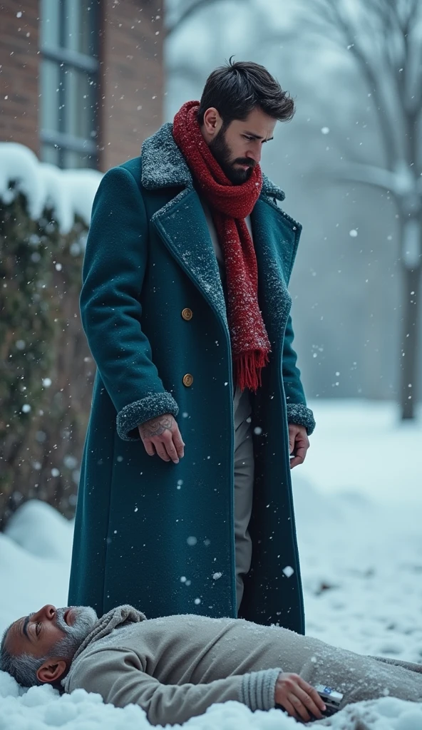 a 21-year-old young rich man with a small beard and big mustache wearing a very lush bluish pent coat and a red muffler, standing outside the mansion boundary, looking down sorrowfully at the lifeless body of An extremely poor 70-year-old man with black oil marks on his dirty face and unmaintained beard, hair and nails are very dirty wearing a torn plain single grey shirt that barely covers his body, young man picking up a paper note lying in the snow next to the poor old man’s body. The paper note is partially covered in snow. The rich man’s expression is one of shock and sadness. Snow is still falling around them.