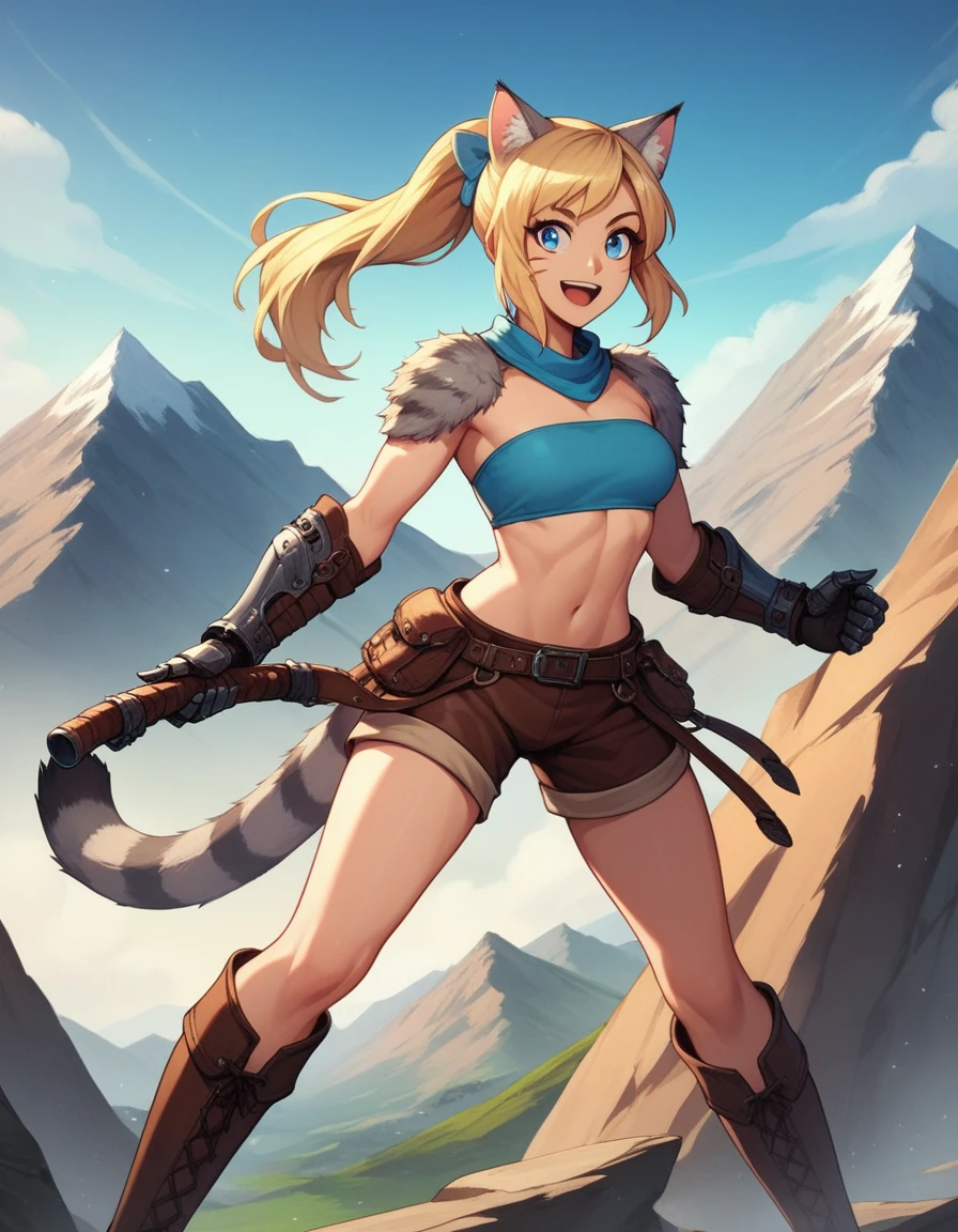 Solo, score_9,score_8_up,score_7_up, score_6_up, score_5_up,source_anime, human, Kat, blue eyes, black whisker marks on face, grey cat ears, blonde hair, hair in ponytail, wearing blue bandeau, brown shorts, leather gauntlets, adventuring gear, leather boots, big smile, mouth open, on a mountain pass trail, standing, epic pose, on a mountain