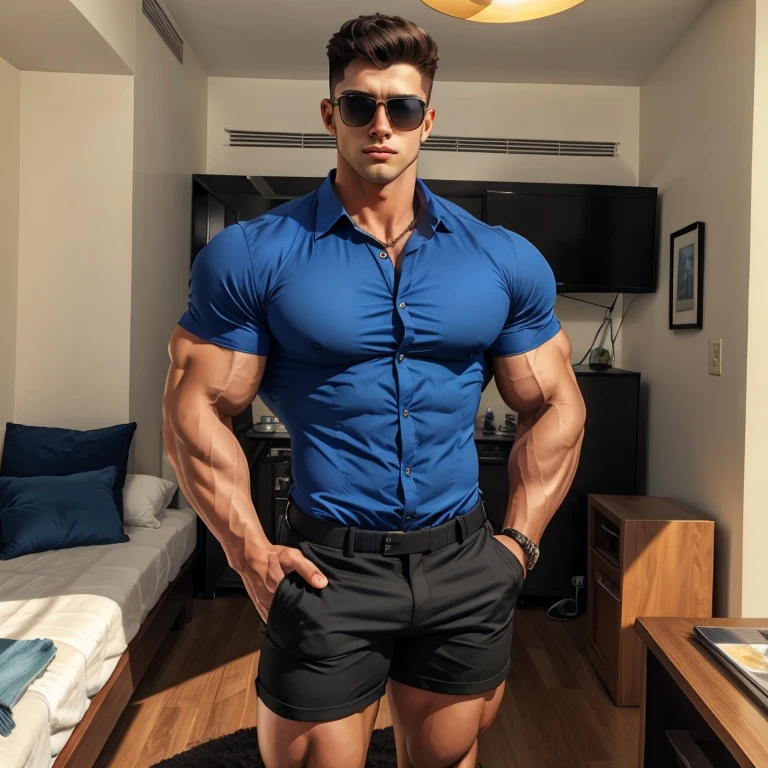 a very handsome young man, sunglasses, wearing a blue shirt and black shorts, very muscular, hands in his pockets, standing in an apartment