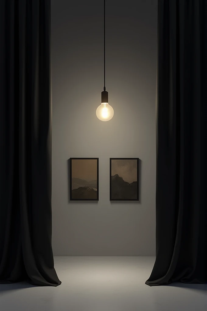Show me a gray studio with black curtains and a light bulb hanging and two paintings on the wall.