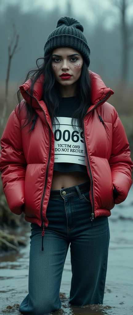 woman, moncler ultra-short sporty down jacket,bib "VICTIM 0069 DO NOT RESCUE", flared jeans, stuck in bog,pale ethnic patterns ritual makeup, warm hat, cold, red lips, sexy posing, photoshoot posing