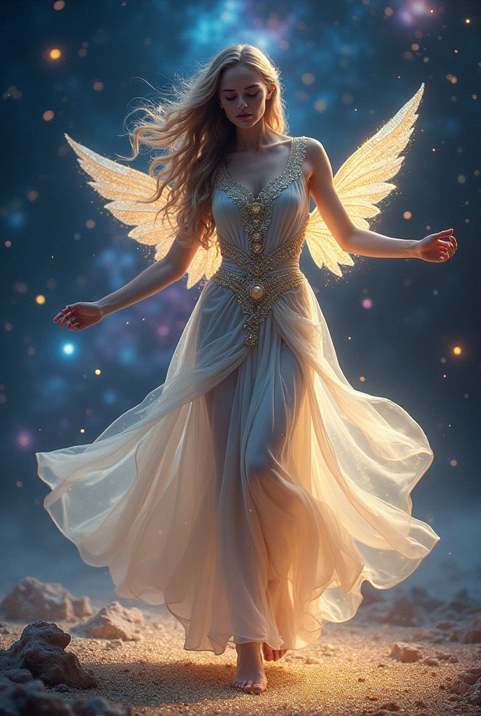 ((Celestial Dancer:1.4)),(( (fantasy art style:1.4))), (masterpiece:1.4, best quality), (photo realistic:1.4), graceful figure dancing amidst the stars, flowing robes adorned with constellations and cosmic dust, intricate and delicate jewelry glimmers with starlight, (ethereal and captivating expression:1.2), long, flowing hair that moves with the rhythm of the universe, celestial wings shimmering with iridescent hues, dynamic and fluid pose, dancing on a shimmering path of stardust, (deep space background:1.4), (vibrant nebulae:1.2), (glowing stars:1.2), rich textures, (radiant light) and shadow, (deep blues:1.2), (purples:1.2), (golden highlights:1.2), high-quality and detailed, enchanting atmosphere, otherworldly beauty, mesmerizing features, transcendent and unique, perfect image quality, divine and magical presence