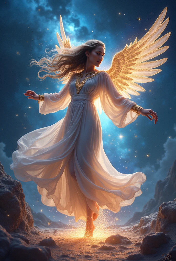 ((Celestial Dancer:1.4)),(( (fantasy art style:1.4))), (masterpiece:1.4, best quality), (photo realistic:1.4), graceful figure dancing amidst the stars, flowing robes adorned with constellations and cosmic dust, intricate and delicate jewelry glimmers with starlight, (ethereal and captivating expression:1.2), long, flowing hair that moves with the rhythm of the universe, celestial wings shimmering with iridescent hues, dynamic and fluid pose, dancing on a shimmering path of stardust, (deep space background:1.4), (vibrant nebulae:1.2), (glowing stars:1.2), rich textures, (radiant light) and shadow, (deep blues:1.2), (purples:1.2), (golden highlights:1.2), high-quality and detailed, enchanting atmosphere, otherworldly beauty, mesmerizing features, transcendent and unique, perfect image quality, divine and magical presence