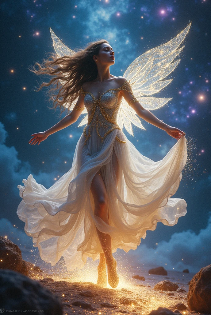 ((Celestial Dancer:1.4)),(( (fantasy art style:1.4))), (masterpiece:1.4, best quality), (photo realistic:1.4), graceful figure dancing amidst the stars, flowing robes adorned with constellations and cosmic dust, intricate and delicate jewelry glimmers with starlight, (ethereal and captivating expression:1.2), long, flowing hair that moves with the rhythm of the universe, celestial wings shimmering with iridescent hues, dynamic and fluid pose, dancing on a shimmering path of stardust, (deep space background:1.4), (vibrant nebulae:1.2), (glowing stars:1.2), rich textures, (radiant light) and shadow, (deep blues:1.2), (purples:1.2), (golden highlights:1.2), high-quality and detailed, enchanting atmosphere, otherworldly beauty, mesmerizing features, transcendent and unique, perfect image quality, divine and magical presence