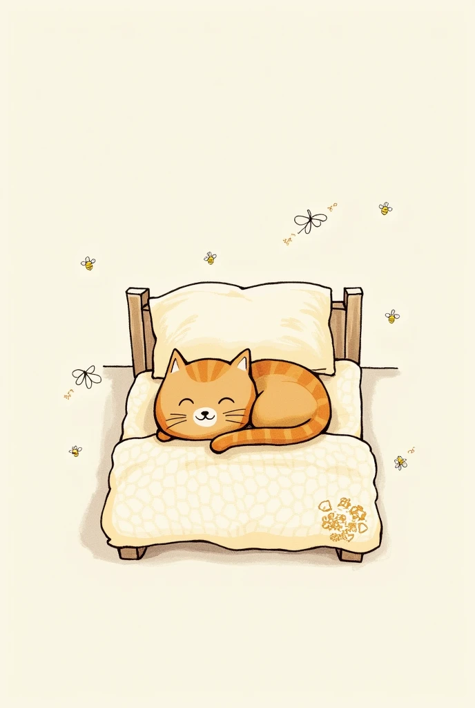 Minimalistic art of an adorable brown cat sleeping on its honey bee bed, only ink and small, only ink, like a paper drawn sketch