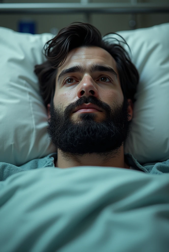 Young white man with black beard in a hospital bed 
