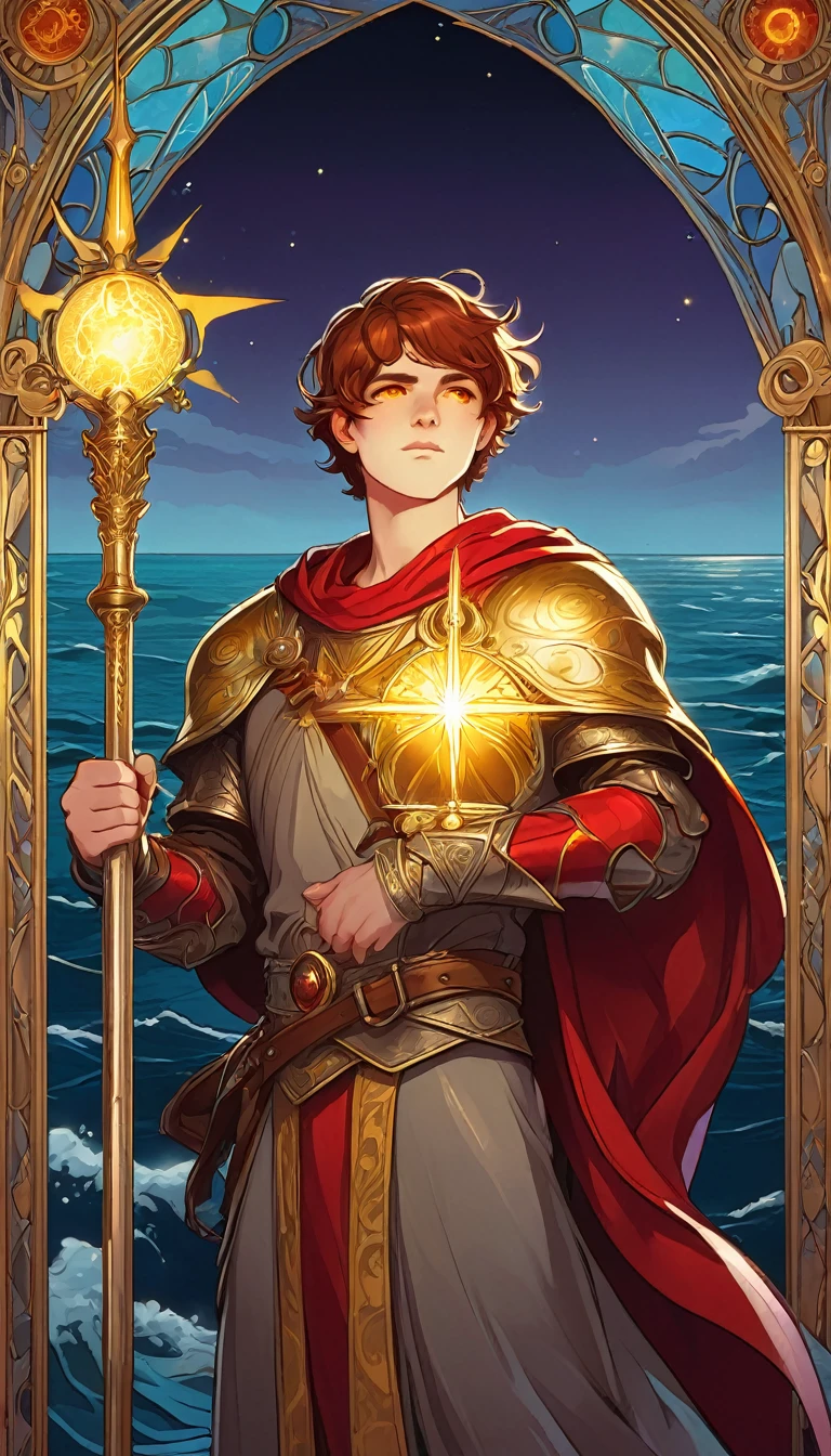 holy border, young adult man with short red-brown hair, his hair is messy, he has yellow eyes, he is a holy cleric of sunlight, wearing red and gold armor, he is holding a glowing mace, he is looking up to the heavens, background of the sunrise over an ocean horizon, good anatomy, dynamic pose, good proportions, modern style, vector, highly detailed, intricate, masterpiece, realistic, professional, Dark Fantasy, d&d, (centered), (well framed), vector-art, gradient color, detailed, realistic, professional art masterpiece, (Art Nouveau), Illustration by Alphonse Mucha, (vector-art:1.1) Negative prompt