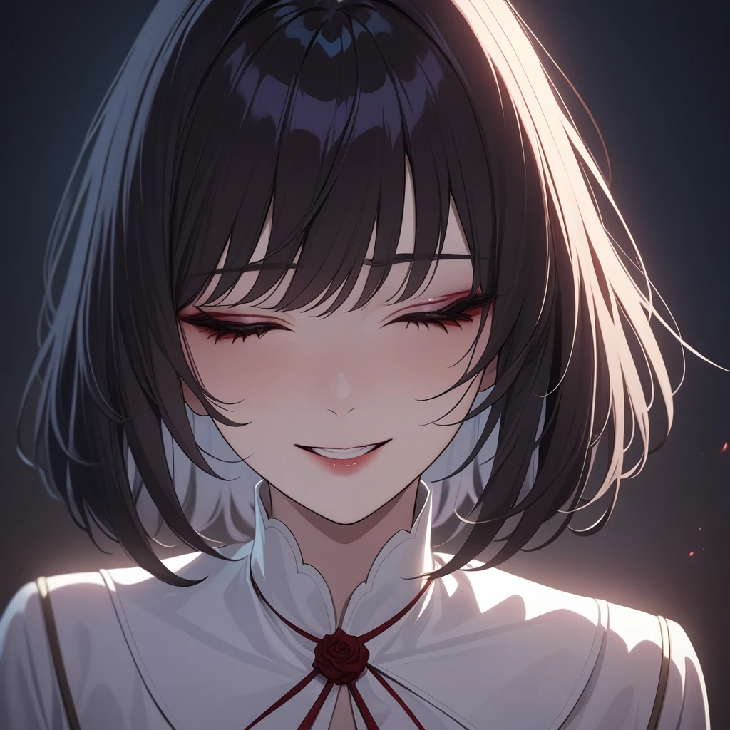 masterpiece, best quality:1.3, 1girl, close-up, yandere, close eyes, crazy, smile, whitedress, yandere trance, shaded face, black short hair, bluntbangs, highly detailed, intricate, sharp focus, dramatic lighting, moody, intense expression, haunting, haunted, disturbing, unsettling, psychological, dark fantasy