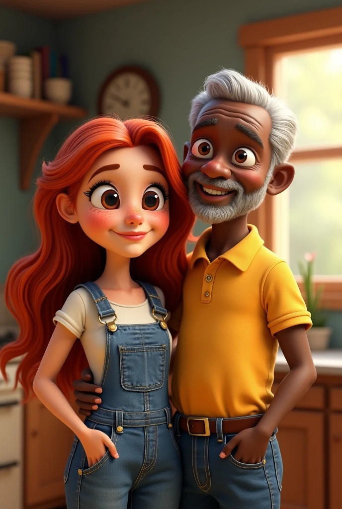 3D Cartoon Woman Character, disney pixar style, eyes browns, long red hair long, freckles on nose and cheeks, wearing long denim overalls and a white t-shirt. Next to Elderly Black Man, hair grey, SMOOTH FACE, wearing jeans and a yellow polo shirt