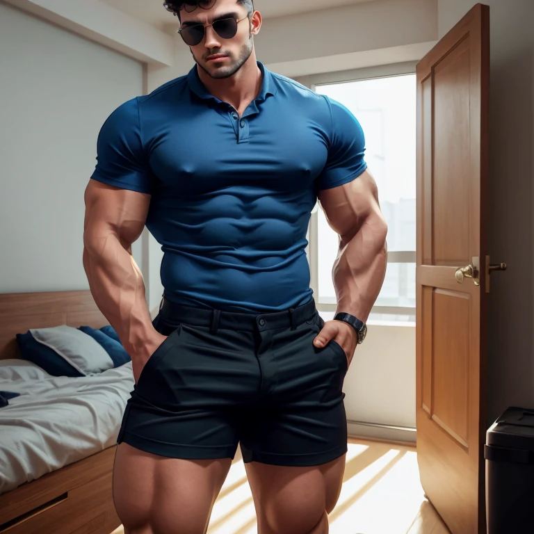 a very handsome young man, sunglasses, wearing a blue shirt and black shorts, vlp, hands in pockets, standing in an apartment