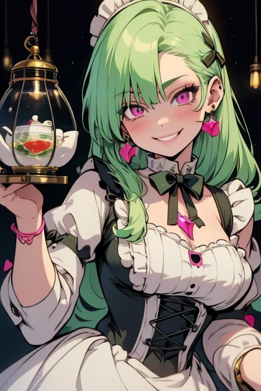 Perfect face. Perfect hands. A light green haired woman with pink eyes with an hourglass figure in a Lolita maid dress is smiling while serving tea in a fancy maid cafe