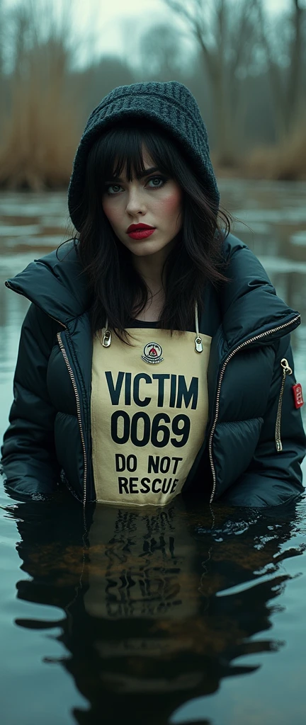 woman, moncler ultra-short sporty down jacket,bib "VICTIM 0069 DO NOT RESCUE", flared jeans, stuck in bog,pale ethnic patterns ritual makeup, warm hat, cold, red lips, sexy posing, photoshoot, bob haircut