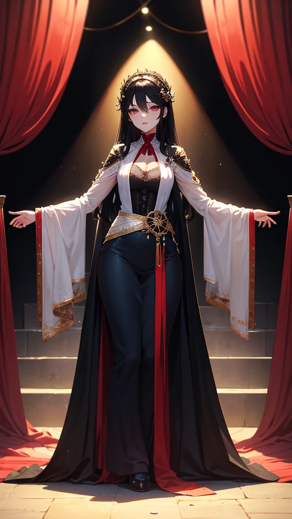 A beautiful marionette woman, beautiful detailed eyes, beautifully, beautiful detailed lips, extremely detailed eyes and face, longeyelashes, black hair, red eyes, long hair, dark victorian clothes, elegant dress, extremely detailed clothes, serious expression, little waist, ruby accessories, theather, in a classicaltheater, on a stage, red curtains, high-quality background, 4k wallpaper, high quality render, super detailed render, 2D, super detailed, high quality, 4k, HD, high quality hair, full body
