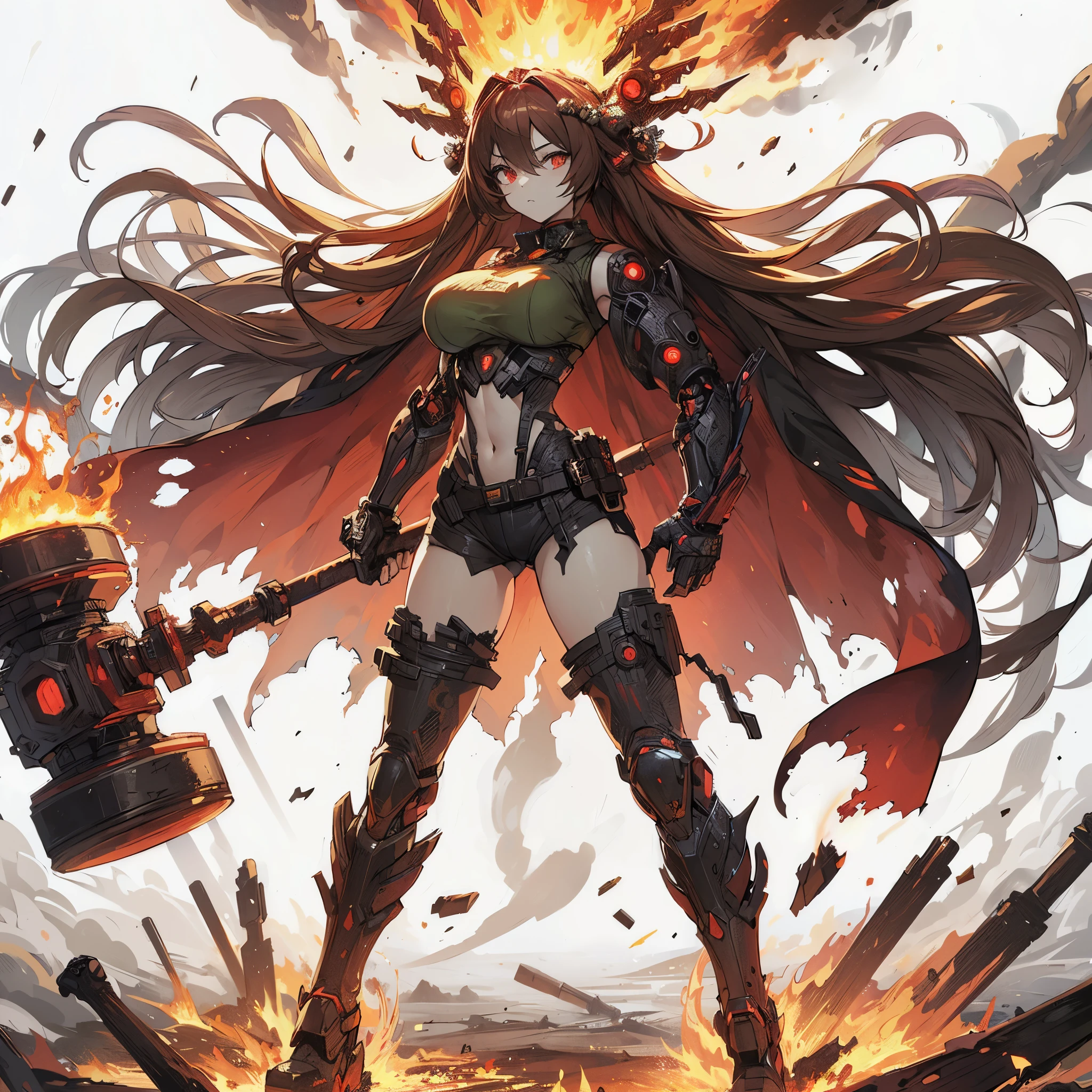 (masterpiece, Best Quality), (detailed hairs), Ultra-detailed, Anime style, Full body, Solo, Cyberpunk weaponsmith girl, head on burning flame crown, brown hair, pale black skin and red eyes, held hammer, red pupils, green wrestler costume, folded arms, burning ash Mant fluttering in the wind, wearing long boots, ultra-massive, tall stylish, VERY MASSIVE. Muscular but feminine body shape, White background, standing full length, standing on burned earth,
