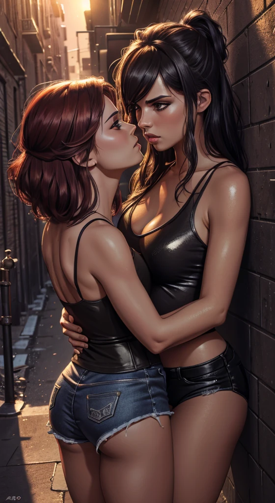 A sensual, intimate scene between two women in a back alley, (best quality,4k,8k,highres,masterpiece:1.2),ultra-detailed,(realistic,photorealistic,photo-realistic:1.37),2girls,highly detailed faces and expressions,grabbing each other's ass,passionate kissing,blushing,wet sleeveless t-shirts,short shorts,anatomically correct,dramatic lighting,cinematic composition,moody urban setting