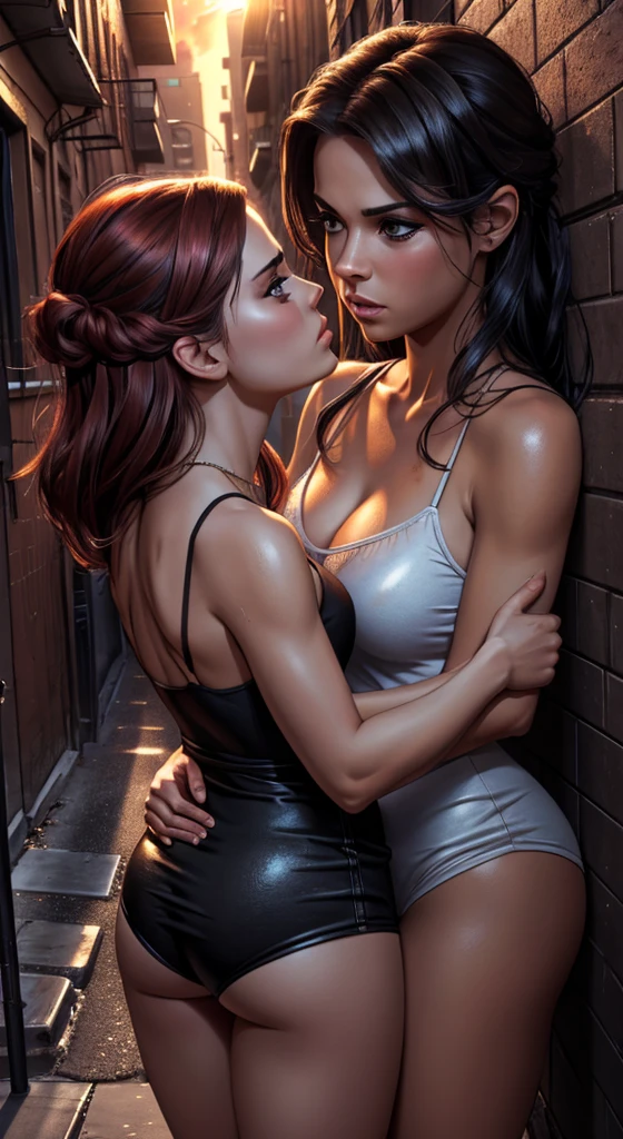 masterpiece, best quality, detailed, highres, 2girls, yuri, (kiss:1.4), (french kiss), blush, closed eyes, (saliva), , (groping), hand on breast, cowboy shot, topless, black shorts