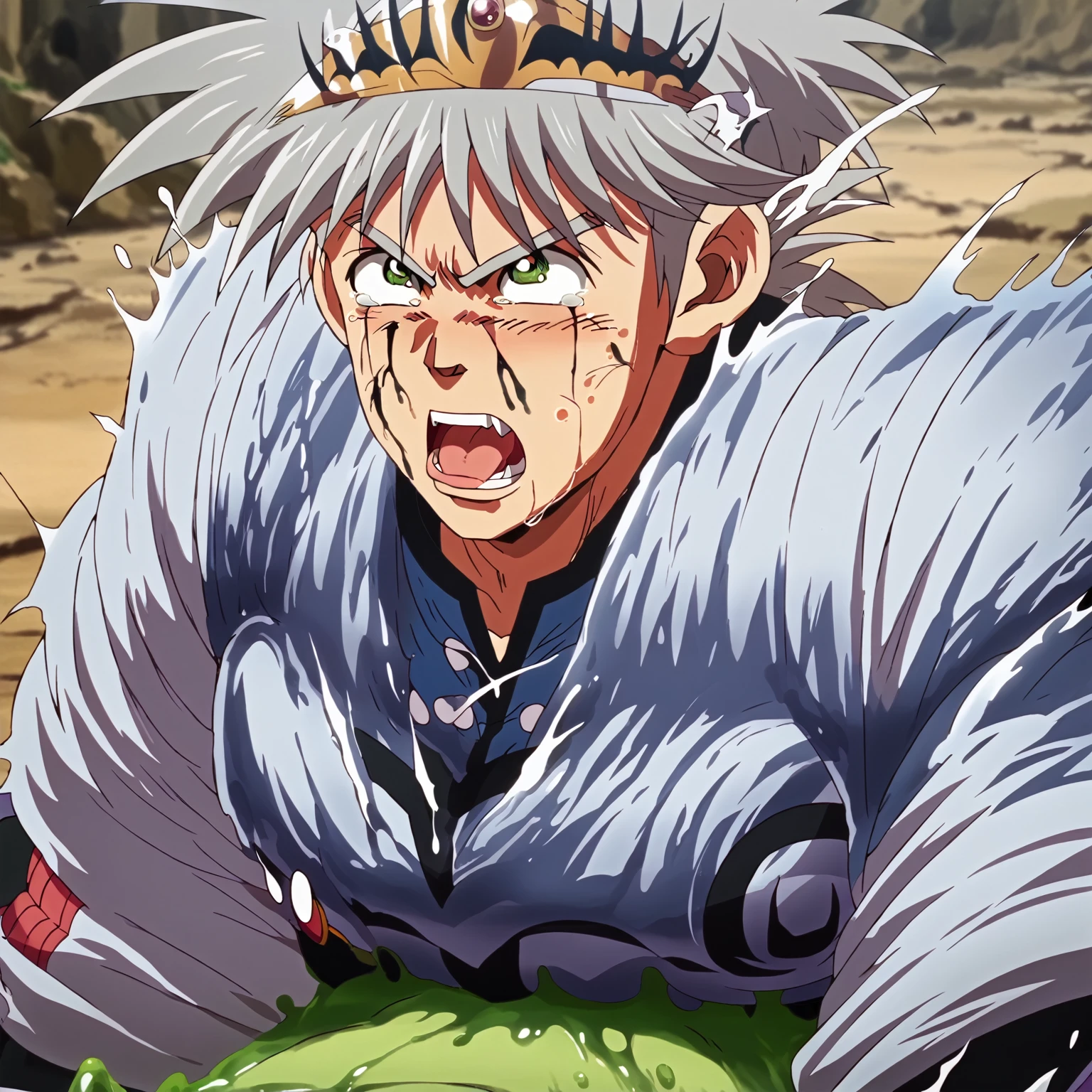 Toei animation style,(((Huge muscles))),Face the enemy,High definitionな顔,Hünkel,Handsome,good looking,((Huge penis,Anal Sex 1.7)),Crying face,Silver Hair,ejaculation,8k,High definition,Masterpiece,Detailed Description,Spike Hair,tall,Under eye paint,Trembling,ハルクのようなHuge muscles,countless black tentacles,Sticking out tongue,Lean back,Spider Suit,ぺニスを揺らしながら,rape,Devilish wings,Cat ear,Partially torn armor,(((Black slime jumps into my solar plexus 1,8))),Open your mouth wide,Unfocused eyes，A huge black tear，Muscular penis，bulging muscles,rape,