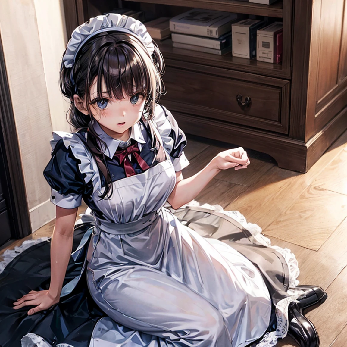 A woman is wearing a maid's uniform and standing backwards on the floor, alone, ((Stick your ass out here)), (shiny dark pink satin panties:1.3), Lift up the hem of your skirt with both hands, Lift up your skirt, Punishing, ((Show your butt to the audience, Showing panties, Embarrassed face, Watery eye))