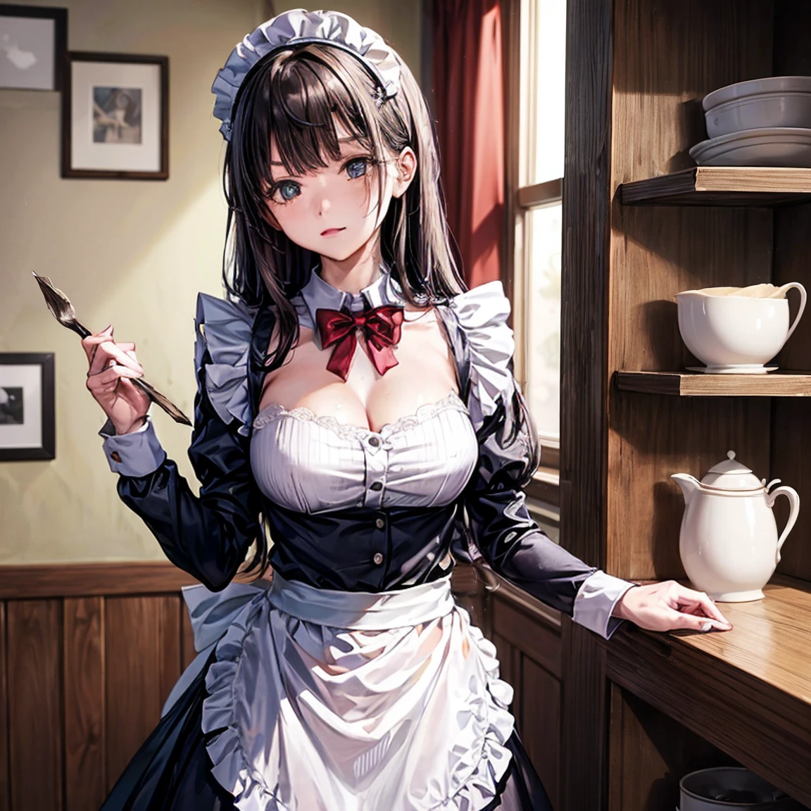 A woman is wearing a maid's uniform and standing backwards on the floor, alone, ((Stick your ass out here)), (shiny dark pink satin panties:1.3), Lift up the hem of your skirt with both hands, Lift up your skirt, Punishing, ((Show your butt to the audience, Showing panties, Embarrassed face, Watery eye))