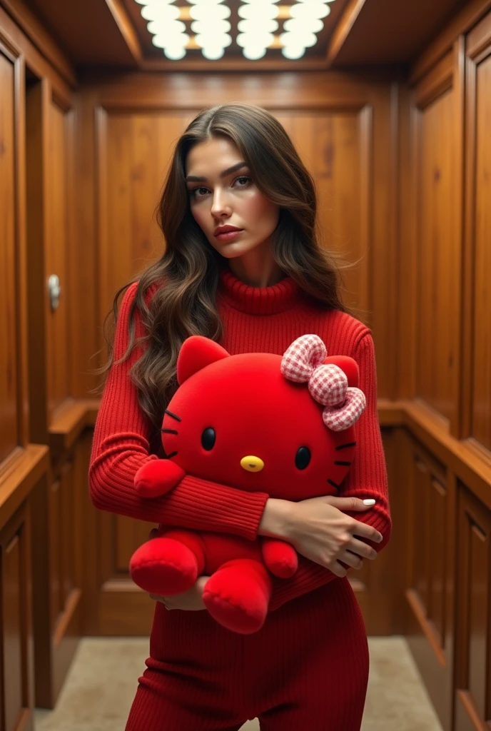 Bella Hadid with brown hair holding a red hello kitty on her chest cute in a big rustic woody and beautiful elevator