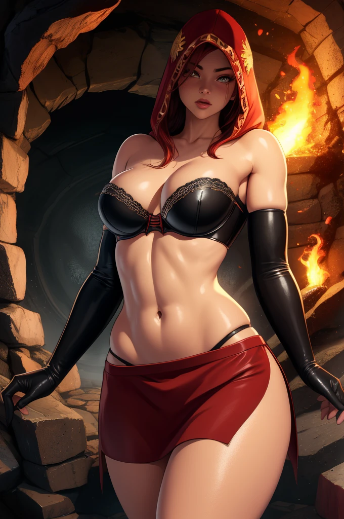 Dsorceress, redhair, shadowy face,dark cave, fire, hood, shadowed cute face, mini skimpy strapless bra, slim and athletic body, skinny thighs, skimpy slit miniskirt, no underwear, no panty, elbow gloves, dark skin, 1 girl (insanely detailed, masterpiece, best quality)