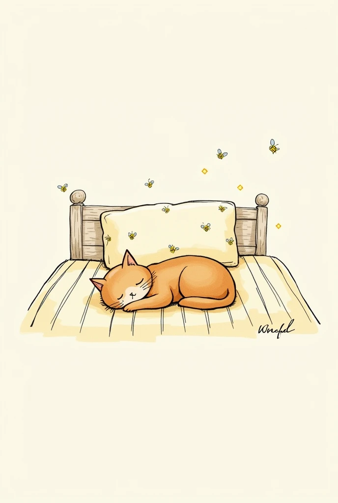 Minimalistic art of an adorable brown cat sleeping on its honey bee bed, only ink and small, only ink, like a paper drawn sketch no colour, for a minimalistic poetry page