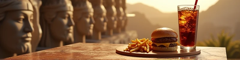 image with the theme of Mount Olympus and a table with burger and fries snacks and soda with a straw and the title (Athena's burgher) in bold on the glass in the theme of Greek mythology with Olympian gods in the background and the goddess Athena eating a hamburger