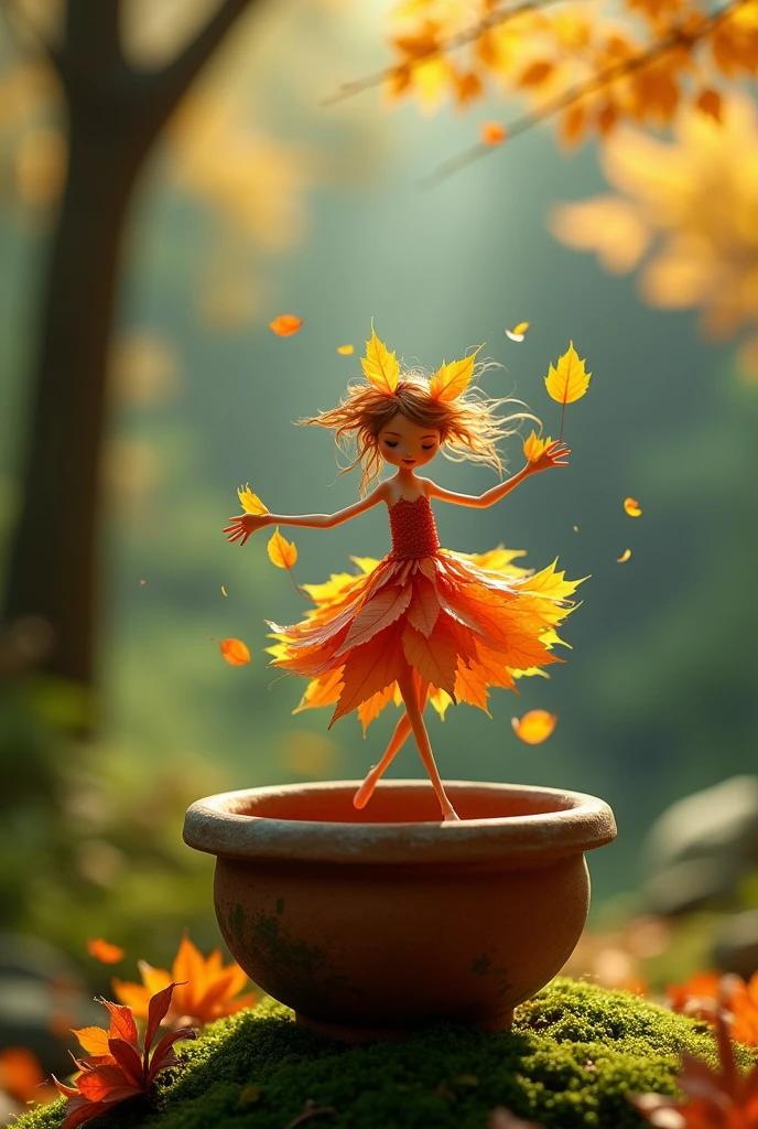 A whimsical miniature figure composed
of delicately arranged autumn leaves,
poised in a carefree dance on the rim of
a weathered, moss-covered terracotta
pot, set against a lush, vibrant forest
backdrop, where dappled sunlight filters
through the canopy above, casting
intricate shadows, The overall aesthetics
is ethereal, with warm. earthy number, and olive green, infused