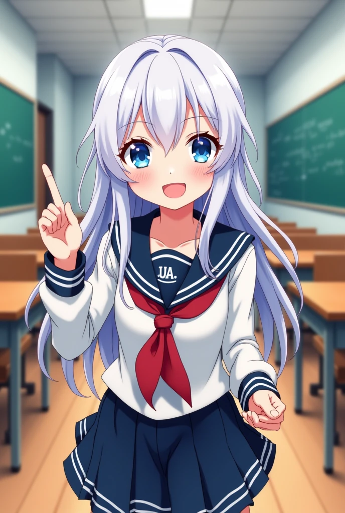 Screenshot my hero academia girl with long white hair blue eyes smiling wearing UA uniform with 1A classroom background