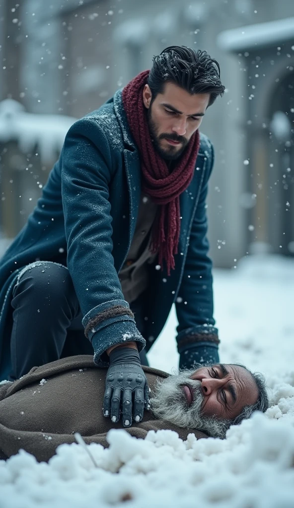 a 21-year-old young rich man with a small beard and big mustache wearing a very lush bluish pent coat and a red muffler, standing outside the mansion boundary, looking down sorrowfully at the lifeless body of An extremely poor 70-year-old man with black oil marks on his dirty face and unmaintained beard, hair and nails are very dirty wearing a torn plain single grey shirt that barely covers his body, young man kneeling down to pick up a paper note lying in the snow next to the poor old man’s body. The paper note is partially covered in snow. The rich man’s expression is one of shock and sadness. Snow is still falling around them.