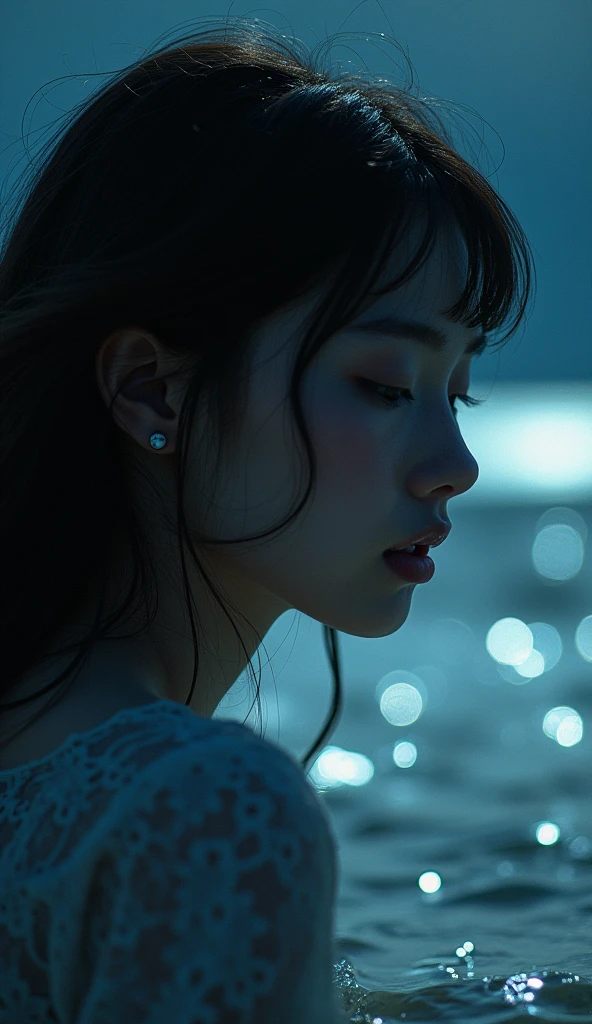 One beautiful girl,Highest quality,masterpiece,detailed,night,One beautiful girl,Shadows reflected on the water,The sound of rolling waves,In a place where time has been forgotten,Quietly close your eyes,Close up of face,Face forward
