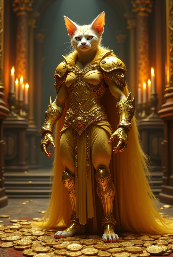 A half-human, half-cat being dressed in golden armor holding gold coins