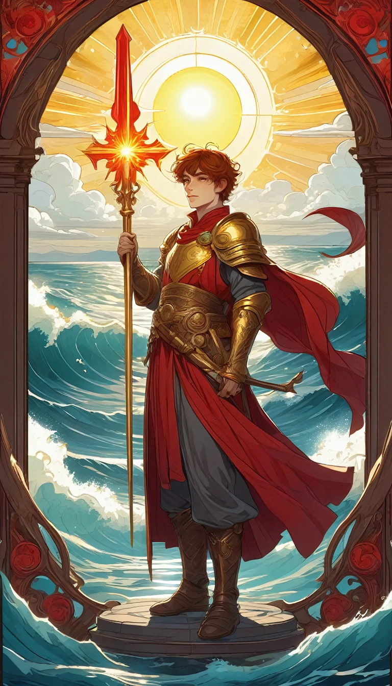 holy border,  man with short red-brown hair, his hair is messy, he has yellow eyes, he is a holy cleric of sunlight, wearing red and gold armor, he is holding a short glowing mace, he is looking up to the heavens, background of the sunrise over an ocean horizon, good anatomy, dynamic pose, good proportions, modern style, vector, highly detailed, intricate, masterpiece, realistic, professional, Dark Fantasy, d&d, (centered), (well framed), vector-art, gradient color, detailed, realistic, professional art masterpiece, (Art Nouveau), Illustration by Alphonse Mucha, (vector-art:1.1) Negative prompt