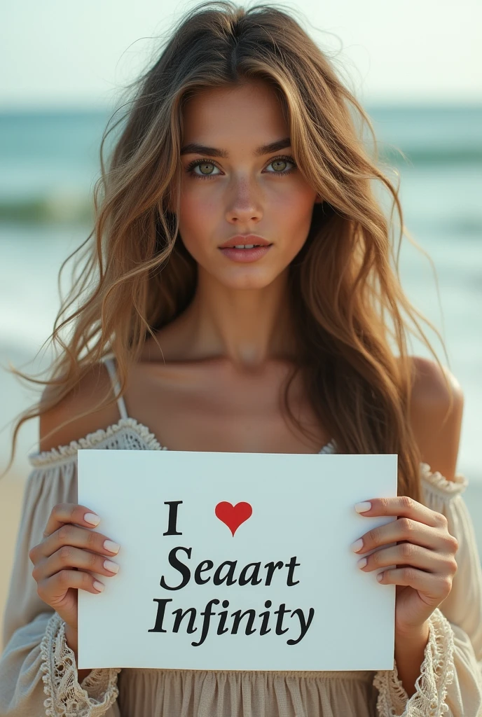 Beautiful girl with wavy long hair, bohemian dress, holding a white board with text "I Love Seaart Infinity" and showing it to the viewer