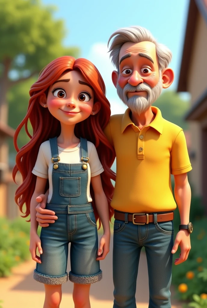 3D Cartoon Woman Character, disney pixar style, eyes browns, long red hair long, freckles on nose and cheeks, wearing long denim overalls and a white t-shirt. Next to Elderly Black Man, hair grey, smooth hairless face, no beard, wearing jeans and a yellow polo shirt