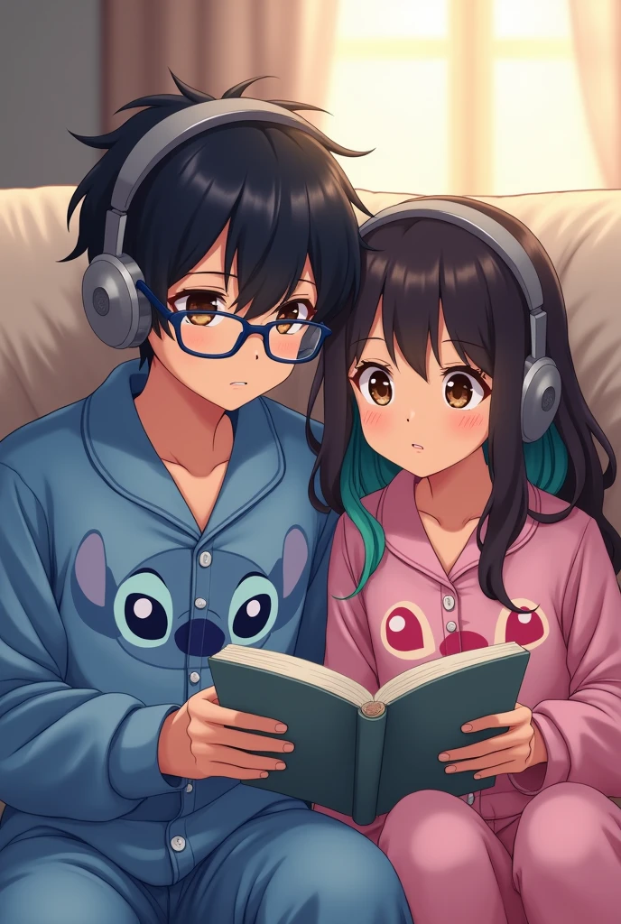an anime couple, the boy with the black hair color, with brown eyes, with blue frame glasses, wearing blue Stitch pajamas listening to music with lead-colored headphones, the girl reading a book, with black hair and green highlights, with brown eyes, with a pink Stitch pajama